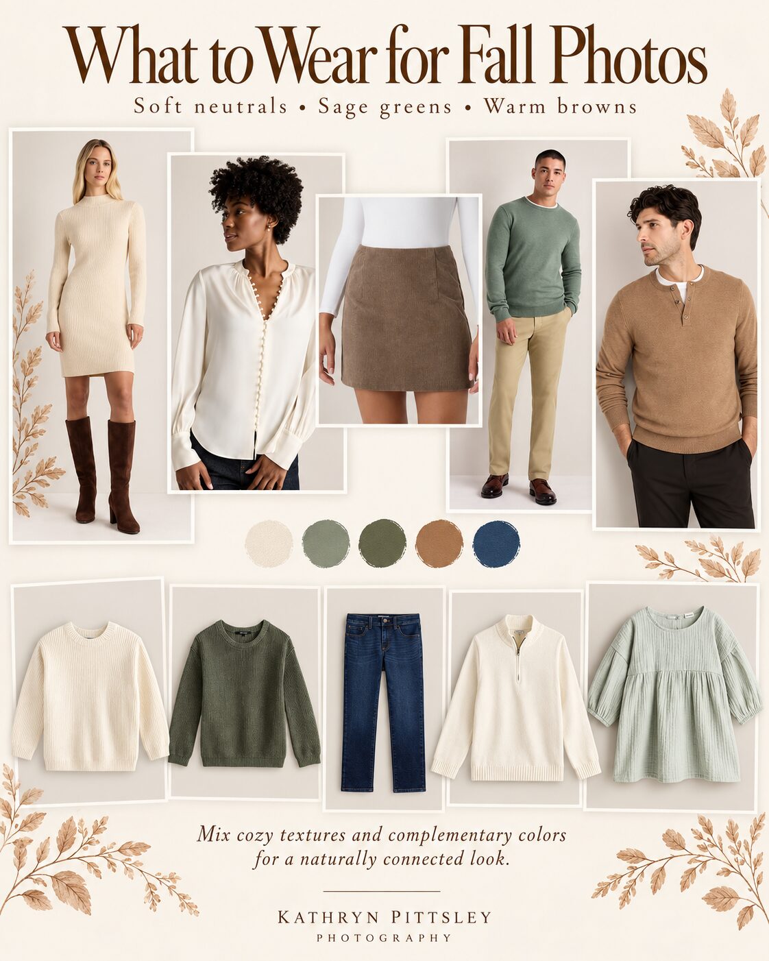 A collage of fall family photo outfit ideas in sage green, oatmeal, and ivory.